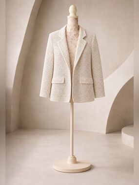 Addison Cream 100% Cotton Crochet Open Front Textured Neutral Chic Blazer NWOT